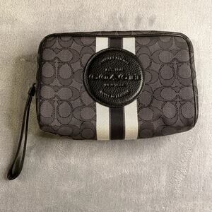 Coach Dempsey Cosmetic Case Black Smoke Jacquard Silver Small Travel - Flawed